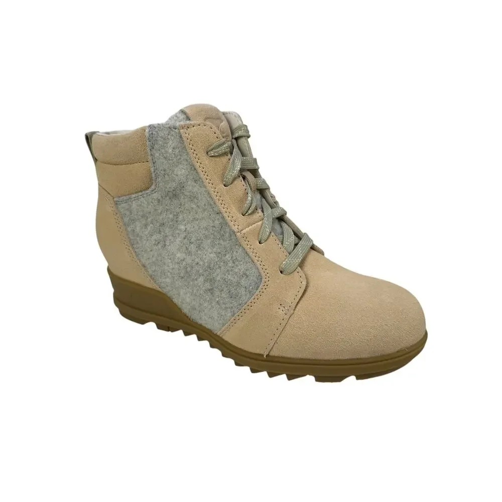Sorel Evie Ankle Lace Boots Wedge Womens 8 WP Suede Wedge‎ Ceramic Natural